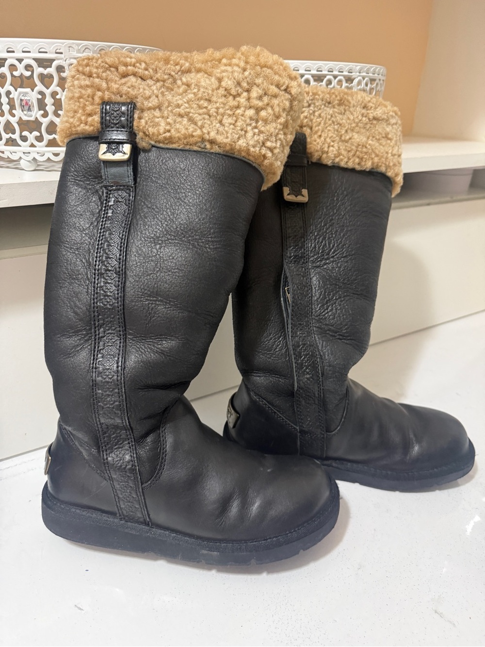 UGG Black Leather Tall Boot with Chestnut Shearling Cuff - Picture 6 of 16